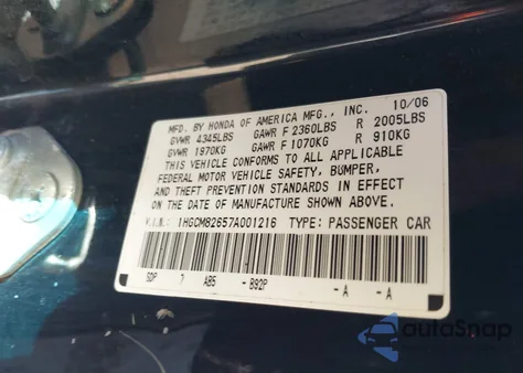 2007 Honda Accord 3.0 Ex from USA, damaged, VIN 1HGCM82657A001216